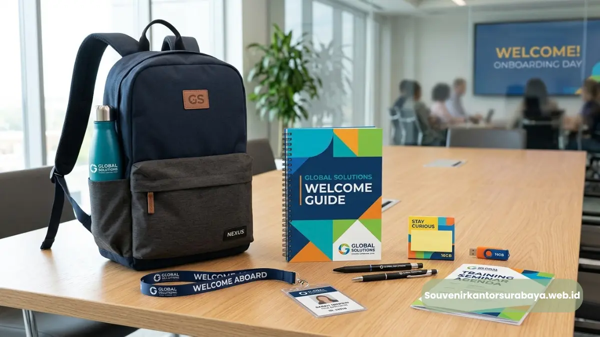 Merchandise seminar kit perusahaan berisi tas ransel, notebook, dan welcome guide untuk acara di Yogyakarta