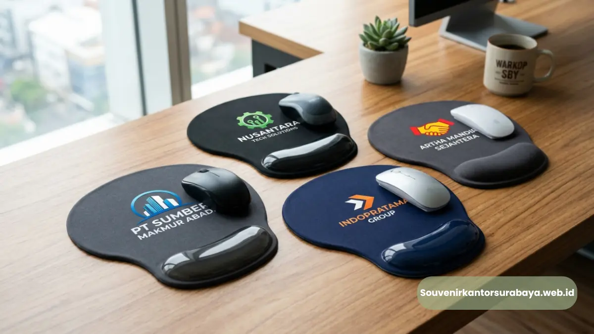 Mouse pad ergonomis logo perusahaan di meja kerja Surabaya