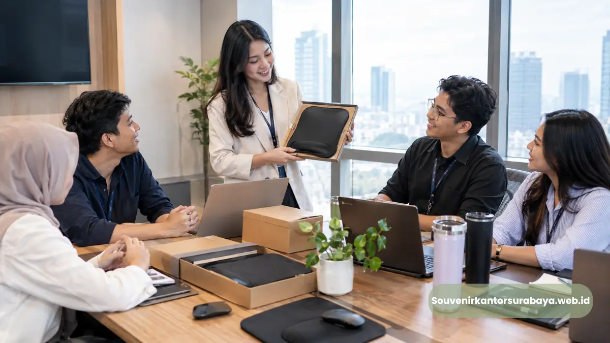Tim HRD perusahaan Malang membahas paket employee gift mouse pad dan gift set kantor