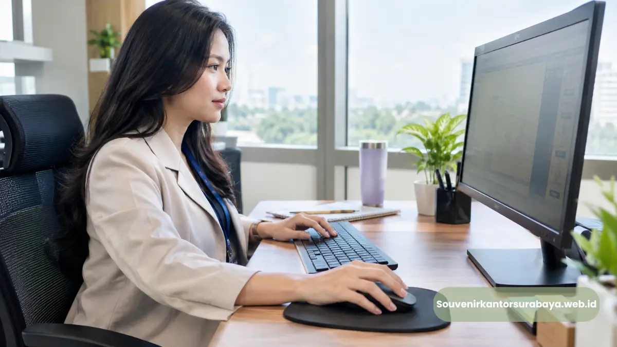 Karyawati kantor di Malang menggunakan mouse pad ergonomis custom logo di meja kerja