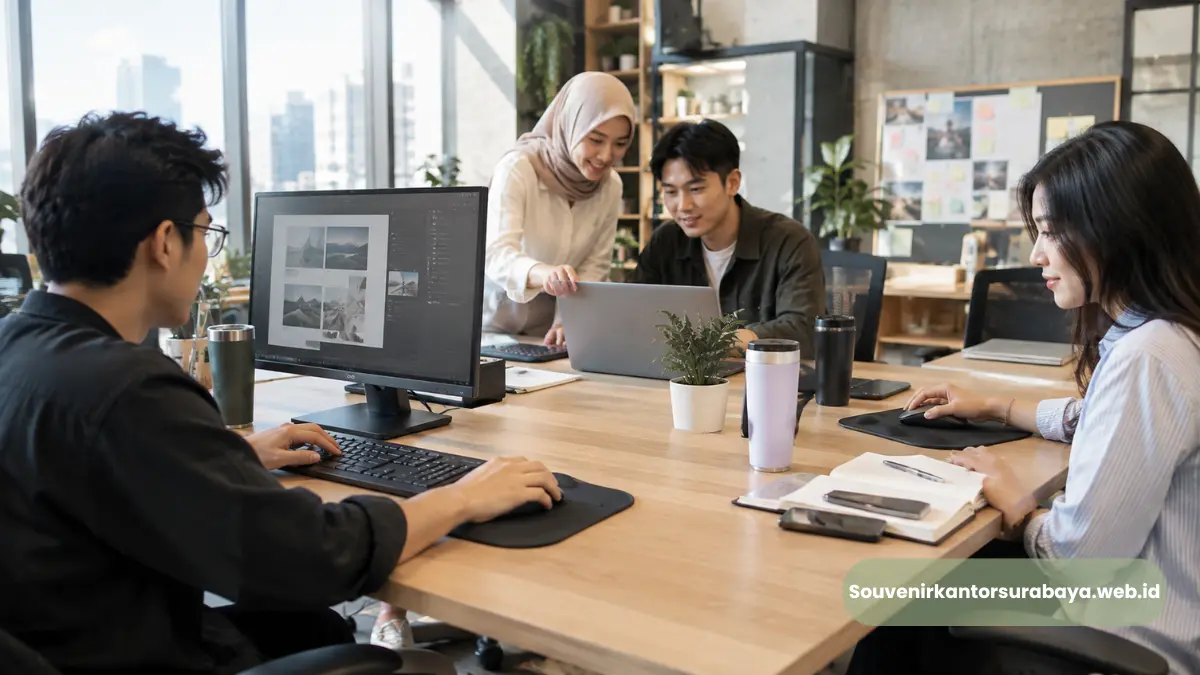 Karyawan kantor Semarang menggunakan mouse pad custom logo sebagai employee gift