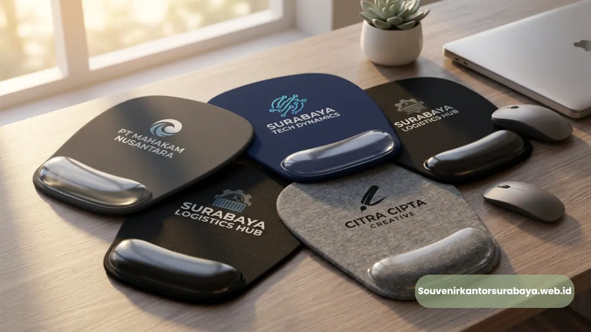 Mouse pad ergonomis wrist rest logo perusahaan Surabaya