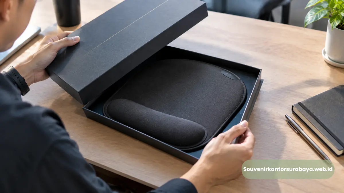 Mouse pad ergonomis custom logo dalam kemasan gift box sebagai employee gift perusahaan