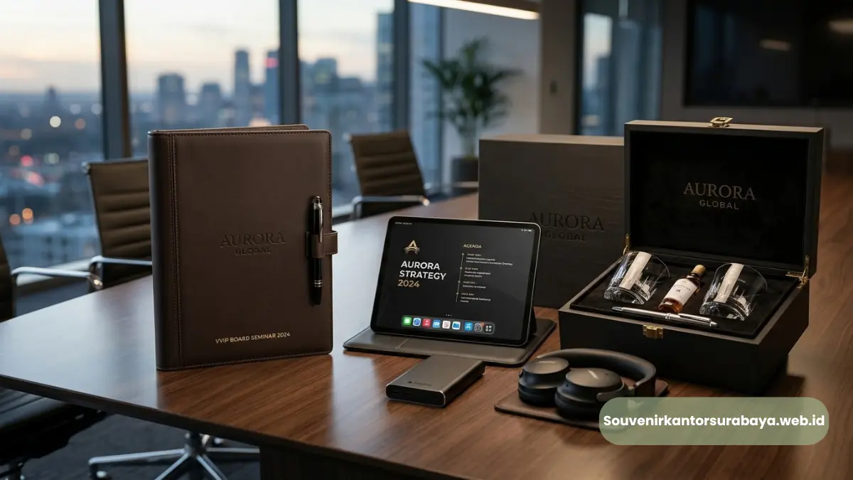 Paket seminar kit eksklusif VVIP berisi buku agenda kulit asli, tablet, dan headphone premium untuk direksi