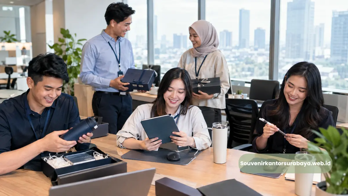 Karyawan perusahaan Malang menerima employee gift souvenir kantor corporate custom logo