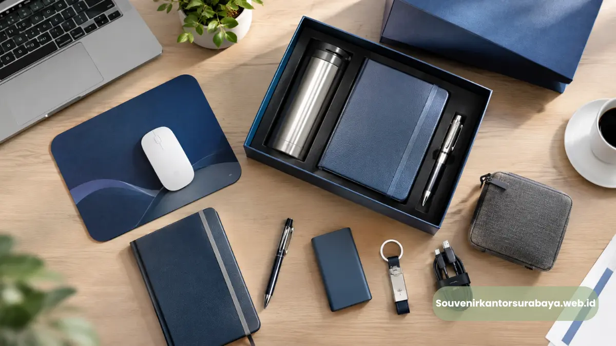 Souvenir kantor corporate untuk perusahaan Malang berisi gift set, mouse pad, notebook, dan tumbler custom logo